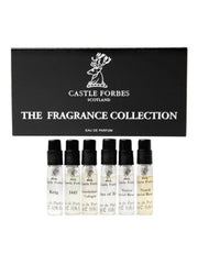 Castle Forbes Scotland 'The Fragrance Collection' set, featuring a black presentation box with white lettering and six small fragrance sample bottles displayed below on a white background.