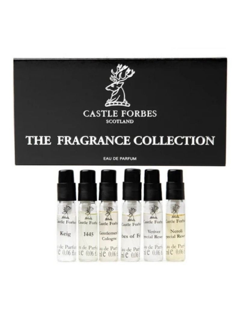 Castle Forbes Scotland 'The Fragrance Collection' set, featuring a black presentation box with white lettering and six small fragrance sample bottles displayed below on a white background.