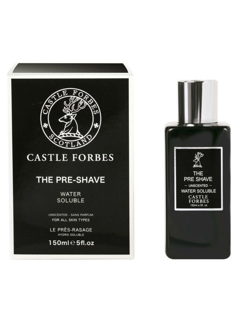 Castle Forbes Pre-Shave Lotion 150ml bottle, unscented water-based formula for smooth glide and shaving comfort
