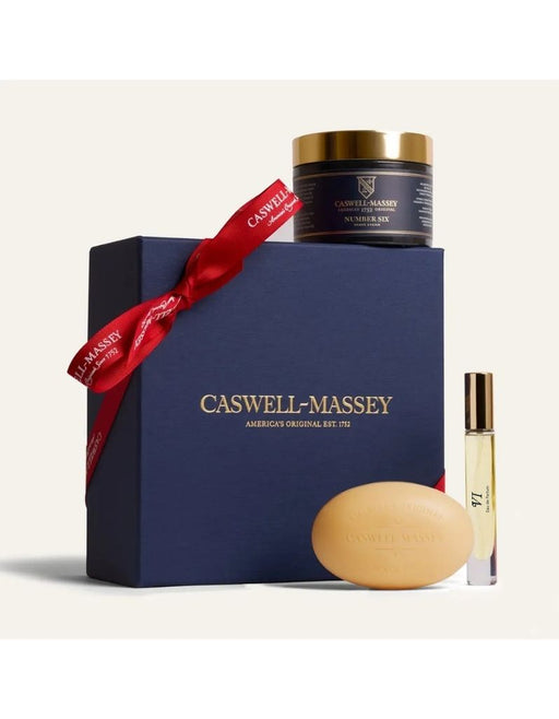 Caswell-Massey Number Six 3 piece men’s grooming gift set with soap, shave cream, and Eau de Parfum