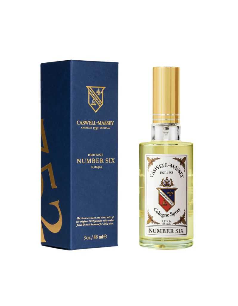 Caswell-Massey Number Six cologne spray bottle and packaging on a white background