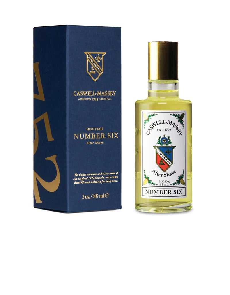 A product image featuring a Caswell Massey Number Six Aftershave bottle with its packaging box.