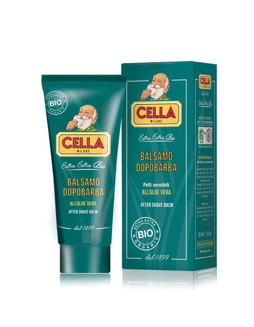 Cella after shave balm tube and packaging on a white background