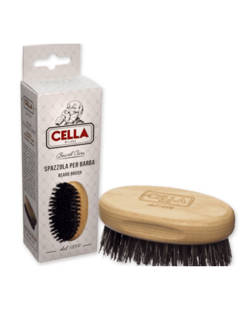 Handmade Italian beard and moustache brush with reinforced boar bristles and compact ash wood handle for travel and grooming