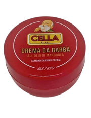 Cella Classic red tub shaving soap with almond scent and tallow base for rich lather and smooth shaving