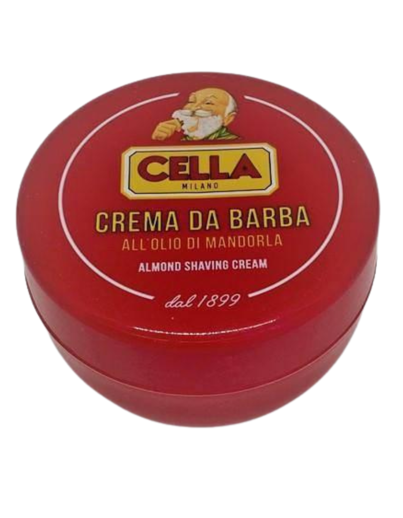 Cella Classic red tub shaving soap with almond scent and tallow base for rich lather and smooth shaving