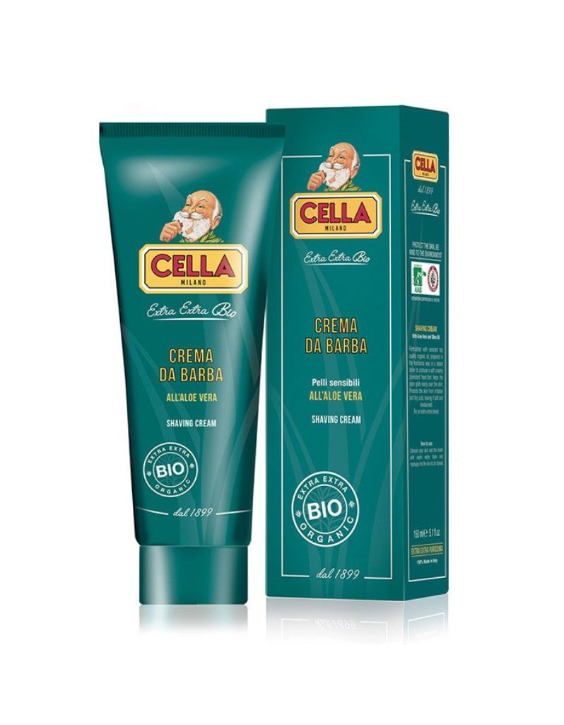 Cella organic shaving cream in tube. Dense lather and organic oils for smooth, comfortable shaving and reduced irritation