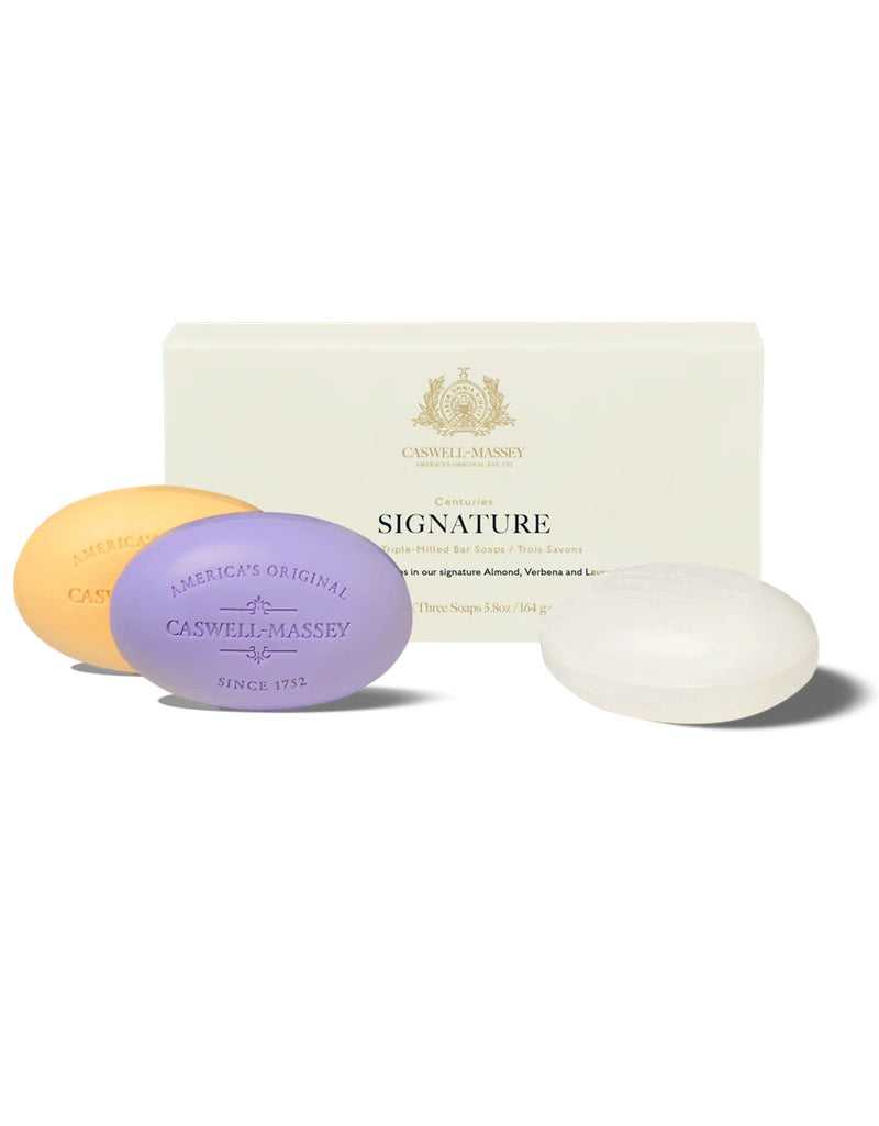 Triple-milled Caswell-Massey Almond, Verbena, and Lavender bar soaps set in classic gift packaging