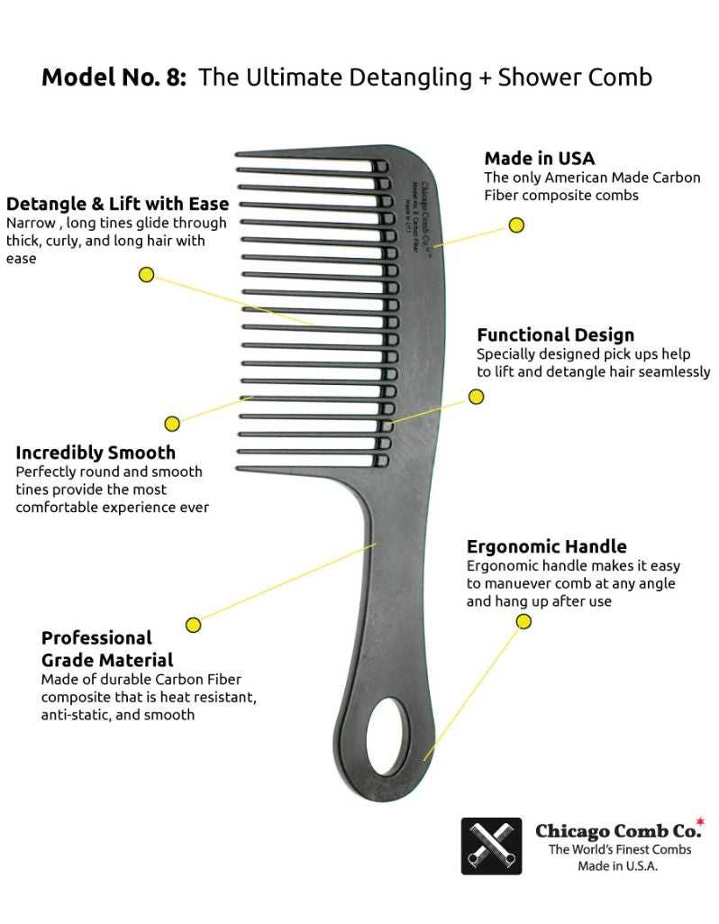 Chicago Comb Co. - Model 8: Detangling, Styling and Shower Comb, Carbon Fiber 8.5"