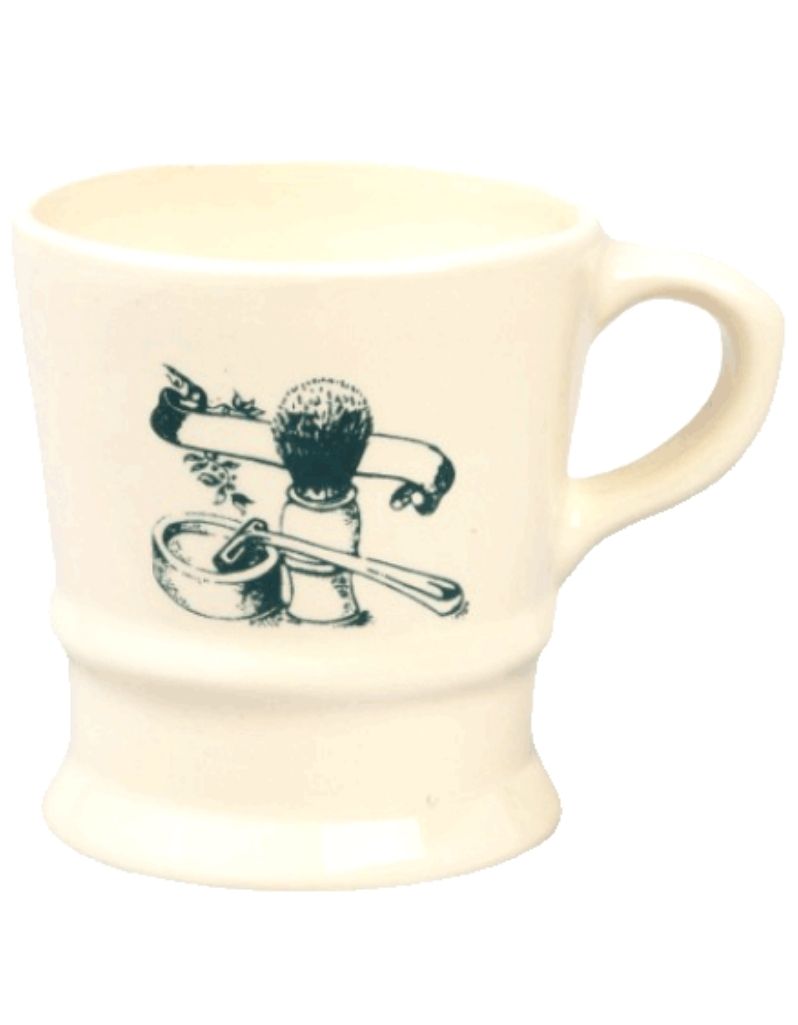 Colonel Conk A Shave Mug, white straight-sided ceramic mug with dark green decal