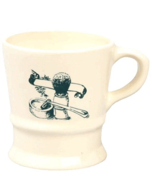 Colonel Conk A Shave Mug, white straight-sided ceramic mug with dark green decal