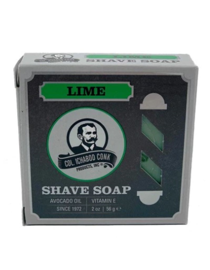 A packaged shaving soap labeled 'Colonel Conk - Lime Shave Soap', with an illustration of a man's face and the text 'AVOCADO OIL - VITAMIN E'.