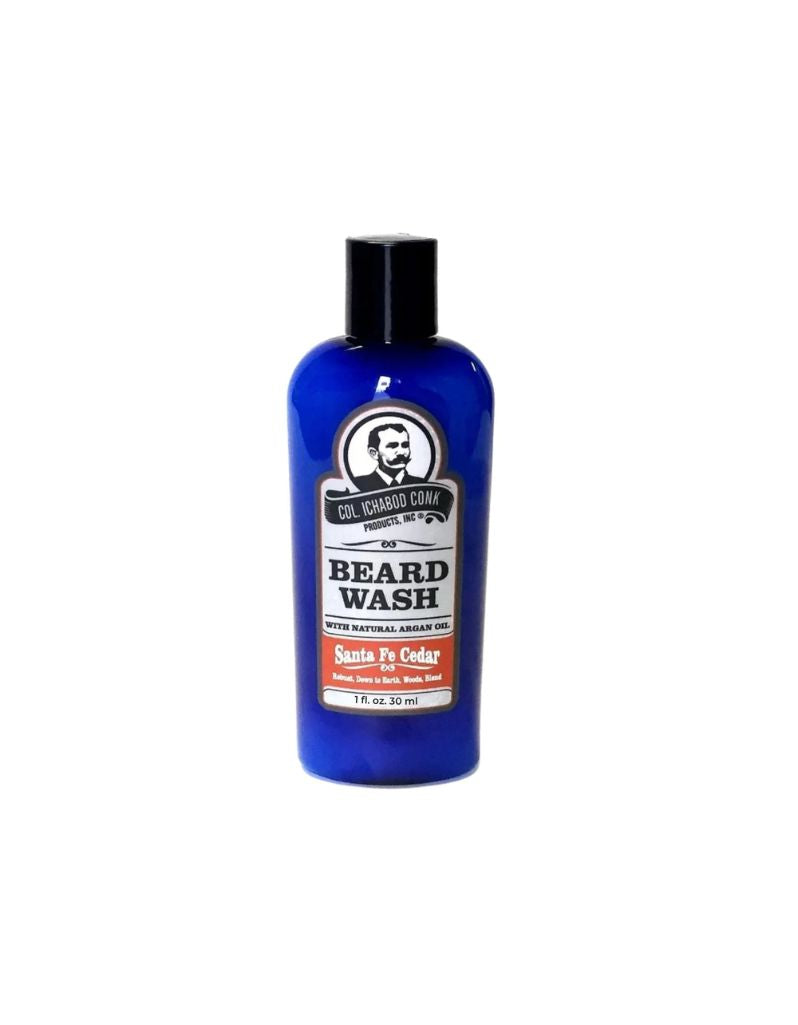 Colonel Conk Santa Fe Cedar Beard Wash with Argan Oil, 1 oz travel size in a blue plastic bottle