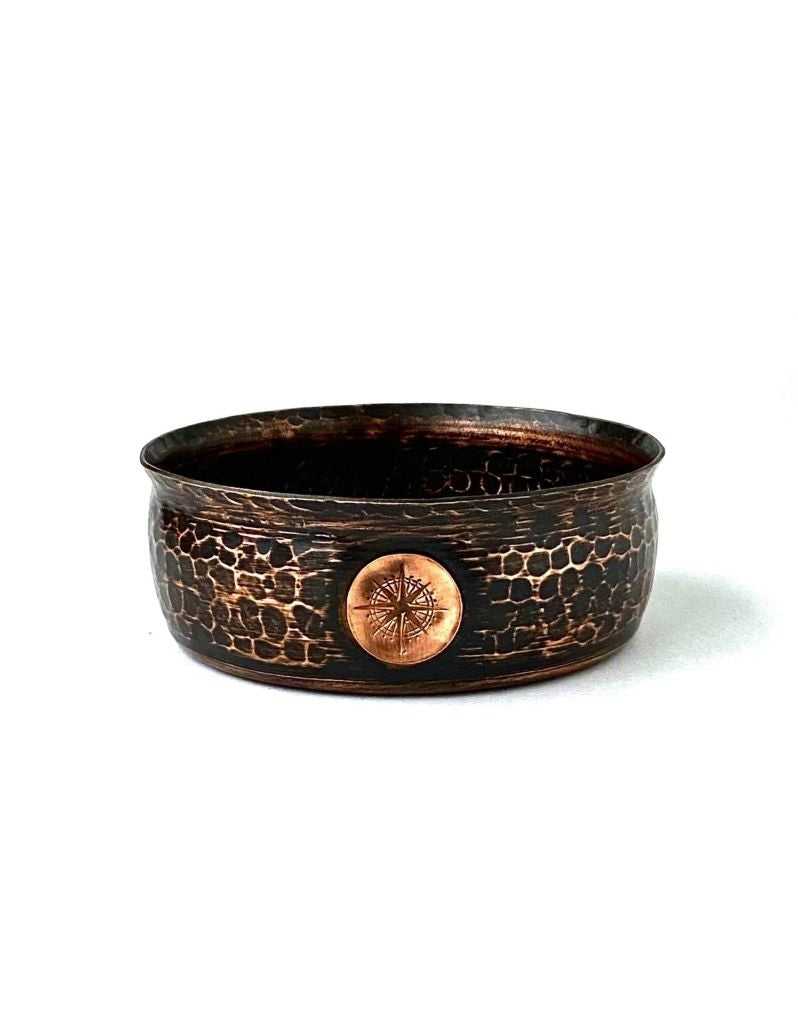 Handcrafted Obsidian copper lather bowl with hammered texture, ridged interior, ergonomic thumb rest, and black finish.