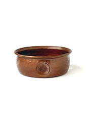 Standard copper shaving bowl with hammered finish, ridged base, rolled edge, and thumb rest for grip and easy lathering.