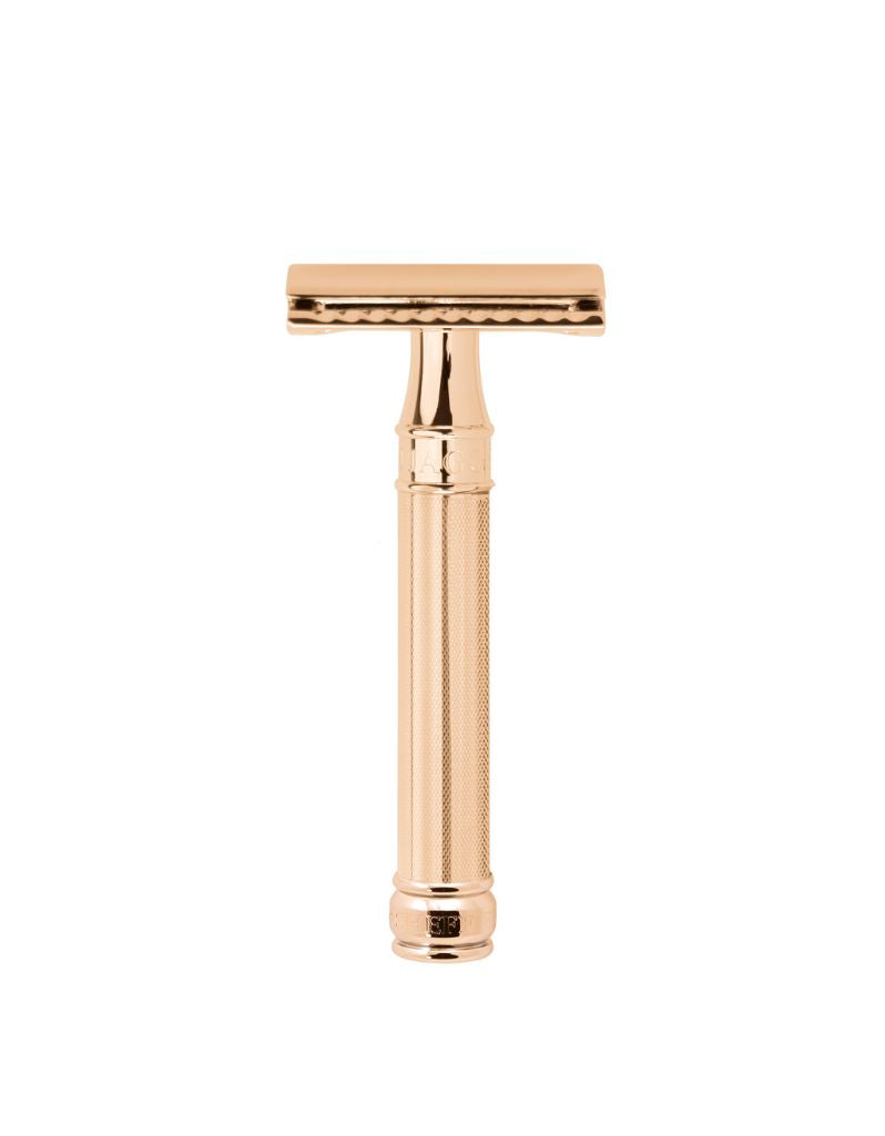 Edwin Jagger DE89 Rose Gold Barley safety razor with 18k finish and knurled brass handle