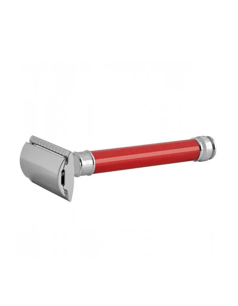 A red, long handle safety razor with a chrome-plated head and a scratch-resistant finish.
