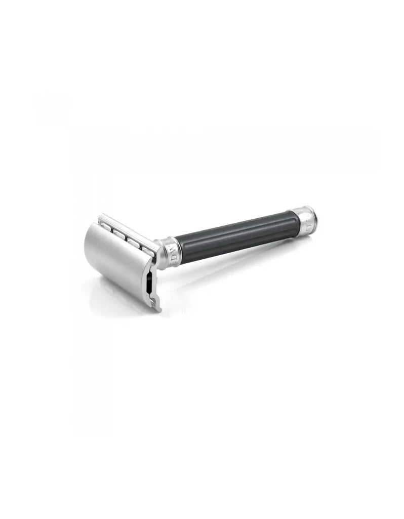A stainless steel double edge safety razor with anodised gunmetal finish and a ridged handle.