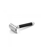 Anodised black stainless steel double edge safety razor with a synthetic handle.