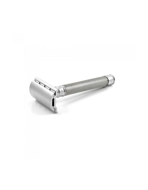 A stainless steel Edwin Jagger 3ONE6 double edge safety razor with knurled handle.