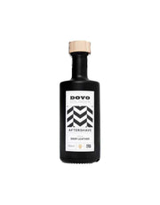 A black bottle with a wooden cap labeled 'DOVO AFTERSHAVE DEEP LEATHER' on a white background.