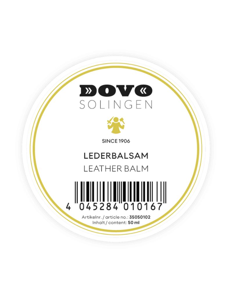 Dovo Solingen leather balm label on a white background