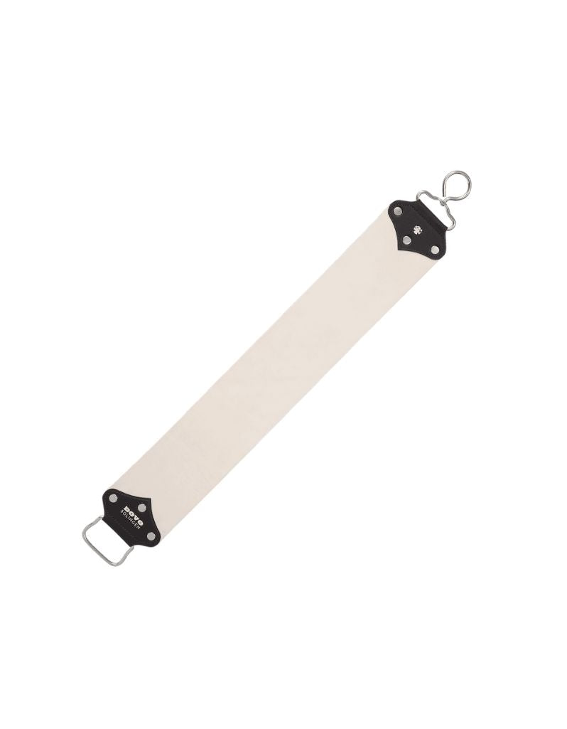 Leather strop with black hardware on a white background