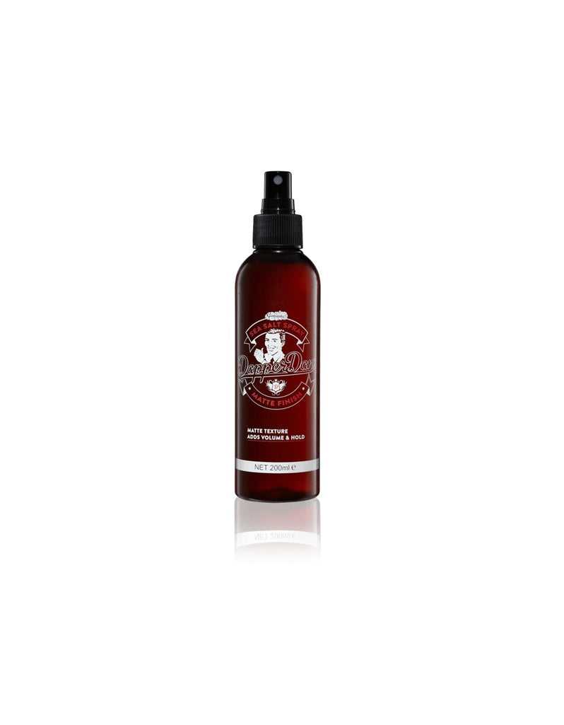 A bottle of Dapper Dan Sea Salt Spray with a red label and a white logo.