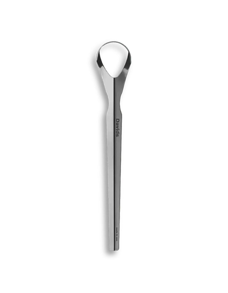 Davids Professional Tongue Scraper in polished stainless steel with a looped head and Davids logo on the handle