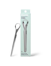 Davids Professional Tongue Scraper in stainless steel standing beside its mint green retail box