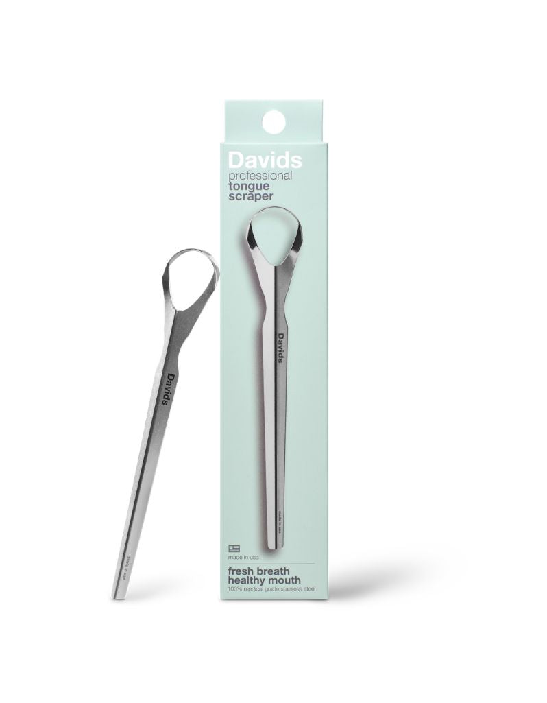Davids Professional Tongue Scraper in stainless steel standing beside its mint green retail box