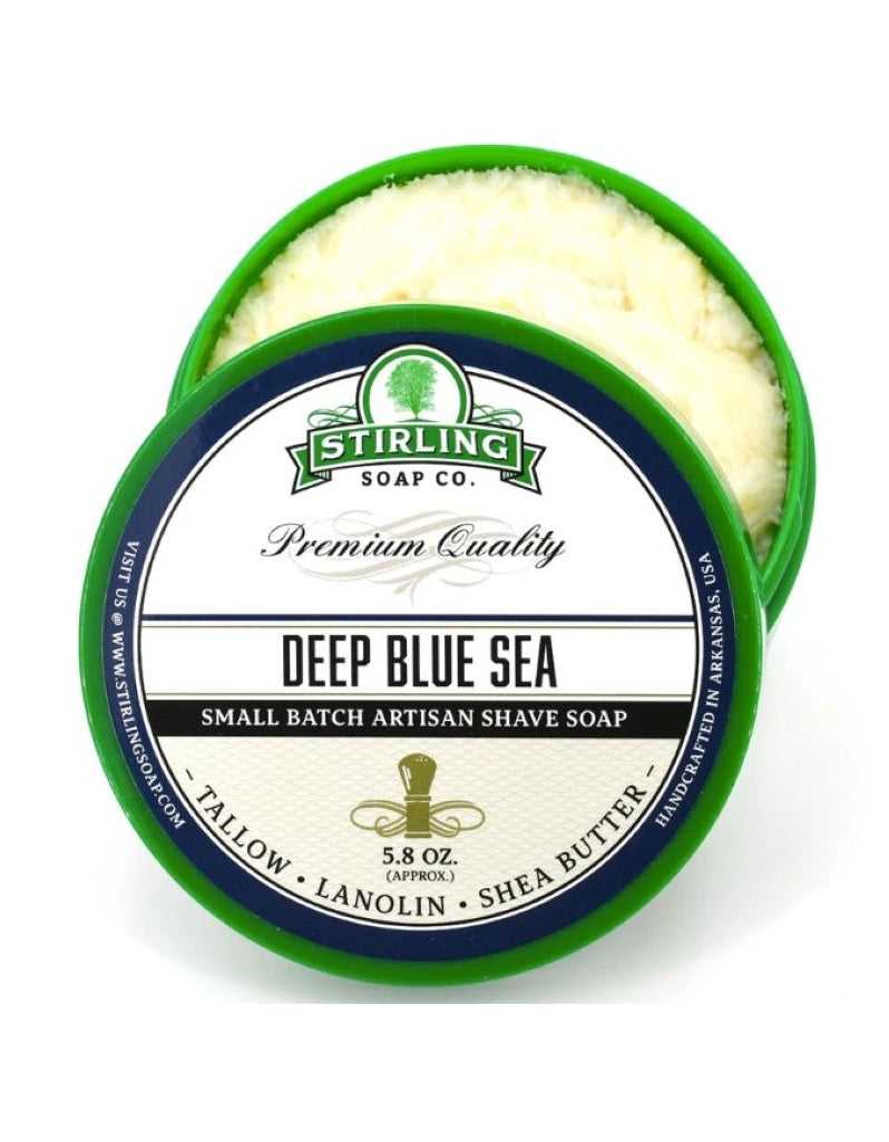 deep blue sea shave soap by stirling with woods citrus mint and floral scent in tallow base for a smooth clean masculine shave