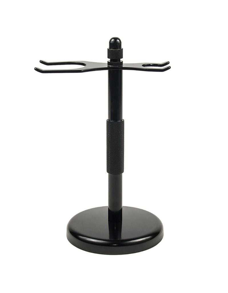 Black anodized razor and brush stand with stable base for drying 20–25 mm shaving brushes.