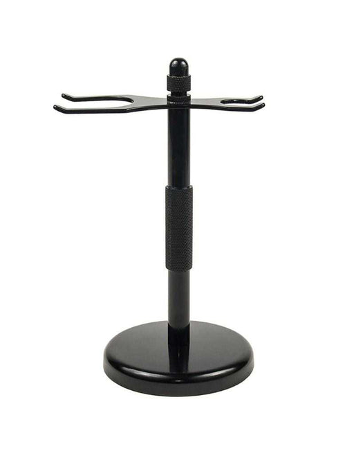 Black anodized razor and brush stand with stable base for drying 20–25 mm shaving brushes.