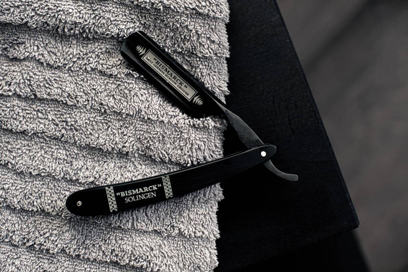 Dovo - "Bismarck" Oxidized Straight Razor, Ebony Handle, Round Point, 6/8" - New England Shaving Company