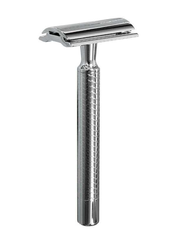 PRIMO II safety razor with large diamond grip, chrome finish, closed comb head, ideal for beginners and daily wet shaving routines