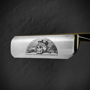 8/8 inch straight razor with smoked oak handle and gold skull engraving, limited edition luxury grooming tool