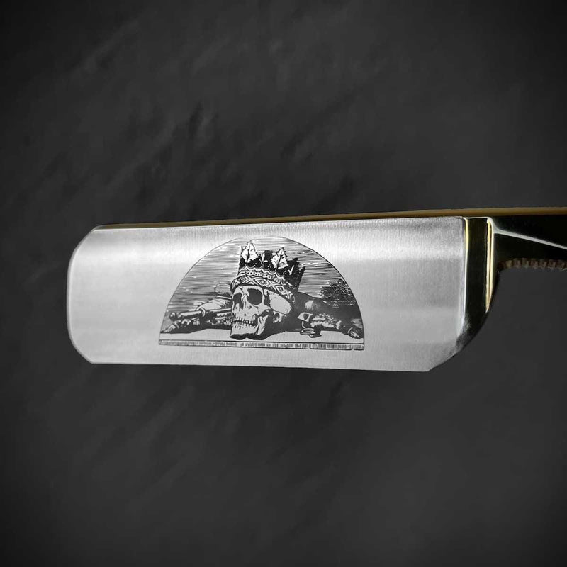 8/8 inch straight razor with smoked oak handle and gold skull engraving, limited edition luxury grooming tool
