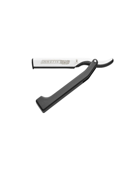 A Shavette straight razor with a silver aluminum blade and black polyamide handle.
