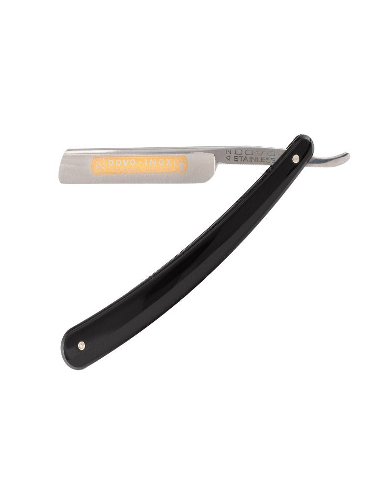 Dovo Inox straight razor with an acrylic black handle and a metallic blade, 3/8"