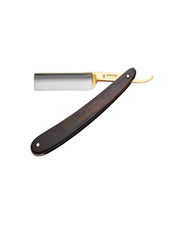 A straight razor with an ebony wood handle and a gold-plated tang.