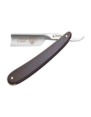 Dovo Barbarossa straight razor with a ebony wood handle and a silver steel blade, featuring an engraved design on the blade.