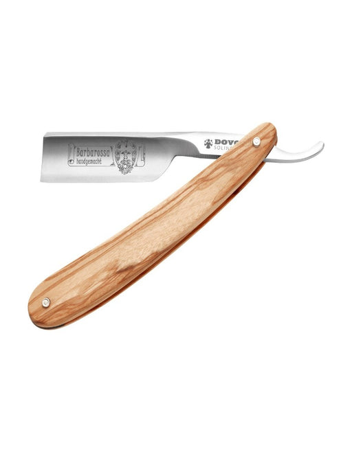Dovo Barbarossa straight razor with an olive wood handle and a square point blade, partially open, displaying the blade's engraving.