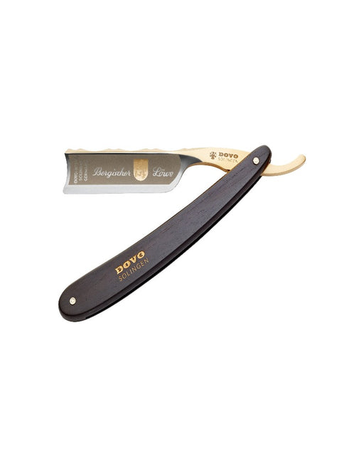 Dovo Bergischer Lowe straight razor with a gold-plated blade and ebony wood handle, the blade is partially opened and resting on the handle.