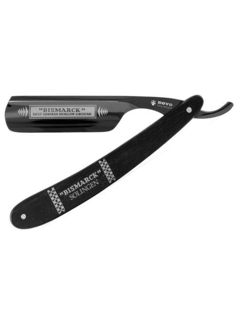 A straight razor with a black ebony handle and a round point blade, the blade is open and showing the sharp edge, the razor is labeled with the brand Dovo and the model Bismarck.