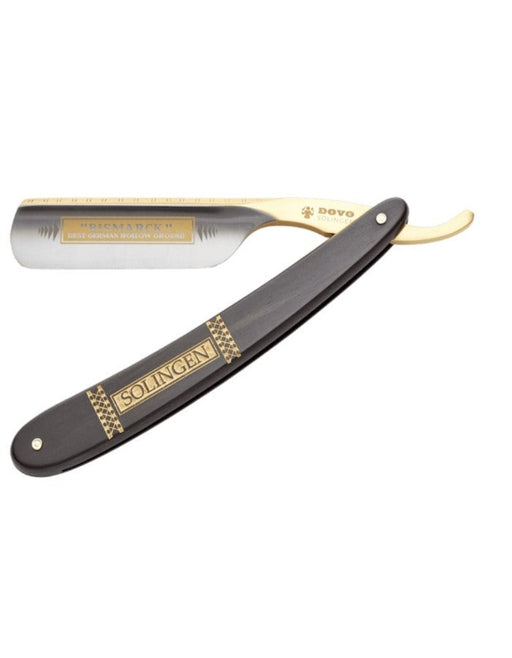 A straight razor with an ebony handle and gold-plated decorations, the blade is silver steel and it has the name 'BISMARCK' engraved on the side.