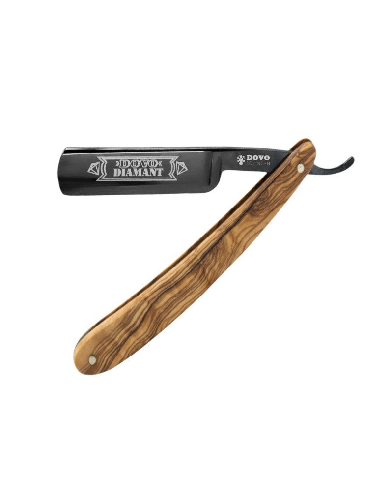 A straight razor with an olive wood handle and a round point. The blade is silver steel and it has golden ornamentation.