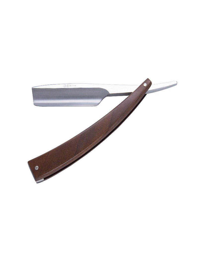 Dovo Edo straight razor with a walnut wood handle and an inverted Turkish point. The blade is made of carbon steel and is open, showing the cutting edge and the tang.