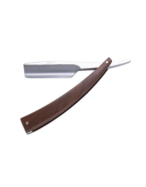Dovo Edo straight razor with a walnut wood handle and an inverted Turkish point. The blade is made of carbon steel and is open, showing the cutting edge and the tang.