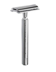 German-made PRIMO I safety razor with closed comb, chrome finish, brass handle, and fine diamond grip pattern